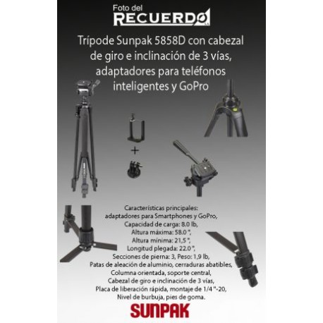 Trípode Sunpak 5858D con cabezal de giro e inclinación de 3 vías, adaptadores para teléfonos inteligentes y GoPro