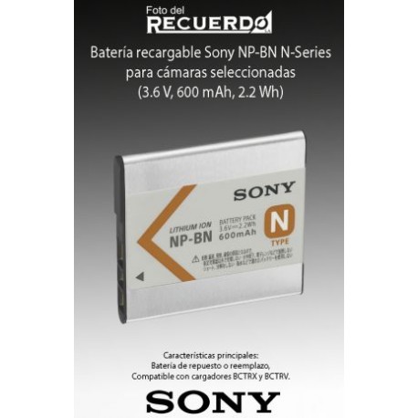 Batería recargable Sony NP-BN N-Series para cámaras seleccionadas (3.6 V, 600 mAh, 2.2 Wh)