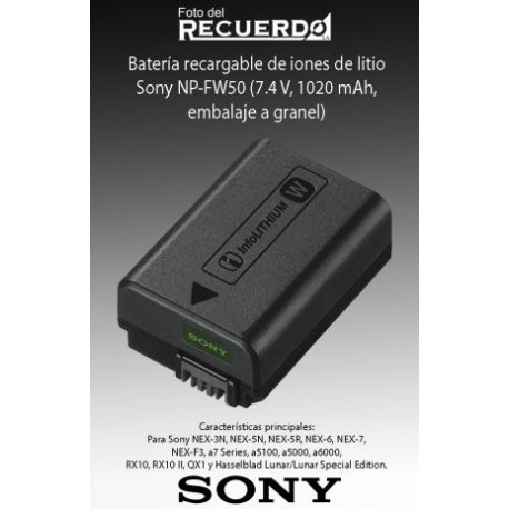 Batería recargable de iones de litio Sony NP-FW50 (7.4 V, 1020 mAh, embalaje a granel)