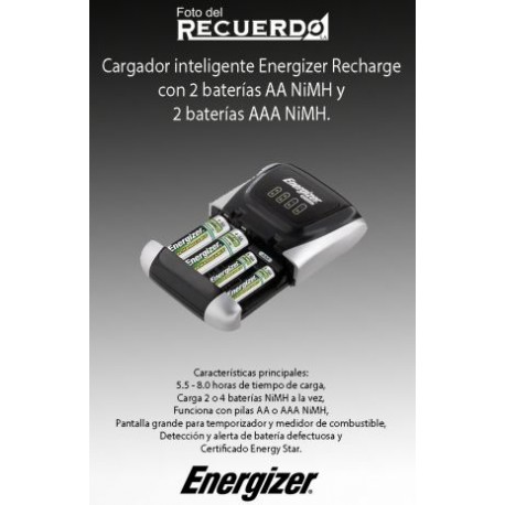 Cargador inteligente Energizer Recharge con 2 baterías AA NiMH y 2 baterías AAA NiMH